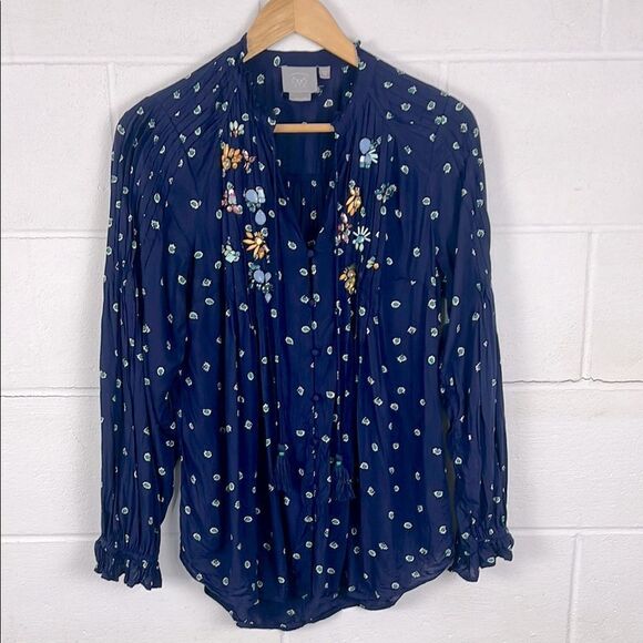 Anthropologie Vanessa Virginia Ashton navy peasant embellished jeweled blouse - Picture 1 of 9